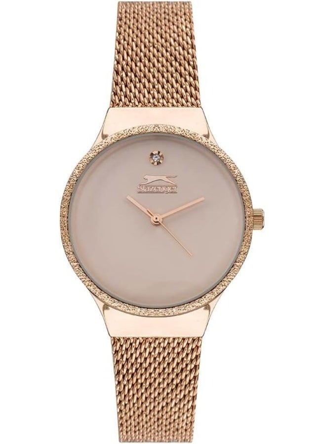 سلازنجر ساعة نسائية بحركة ، مينا تناظري وسوار شبكي، ذهبي وردي - Image 2
