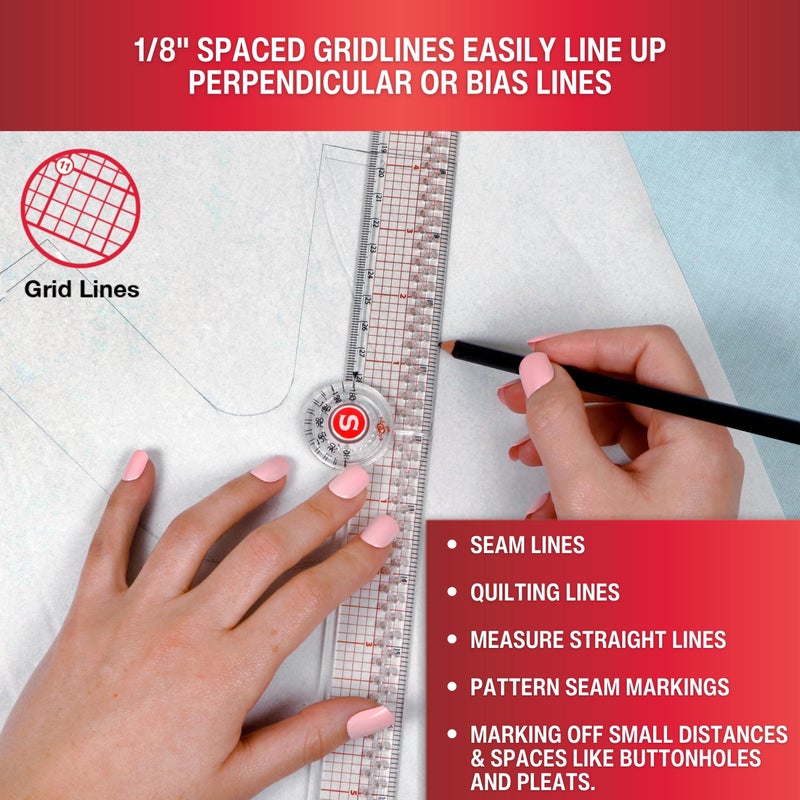 SINGER 24-Inch Folding Ruler with Precision Marking & Grid Lines for Sewing, Quilting, Crafting & Patternmaking - Clear Metric Ruler - Zero-Centering, 15 Increment Quick Angle Ruler, Folds to 12â€ - Image 4