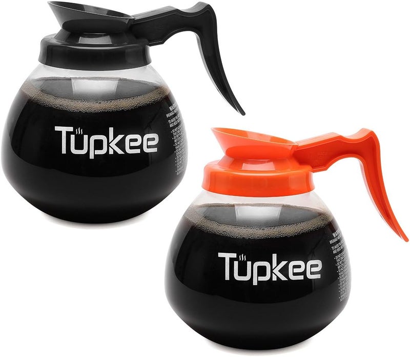 Tupkee Glass Replacement Coffee Pot - SHATTER-RESISTANT Commercial Restaurant Decanter Carafe - 64 oz 12 Cup Set of 2-1 Black and 1 Orange Decaf, Compatible with Wilbur Curtis, Bloomfield, Bunn Pot - Image 1