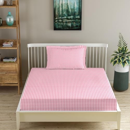 MORADO Premium Glace Cotton 210 TC Single Bedsheet with 1 King Size Pillow Covers Skin Friendly Printed Bedding Set, (60x90 Inches, White&Pink) - Image 1