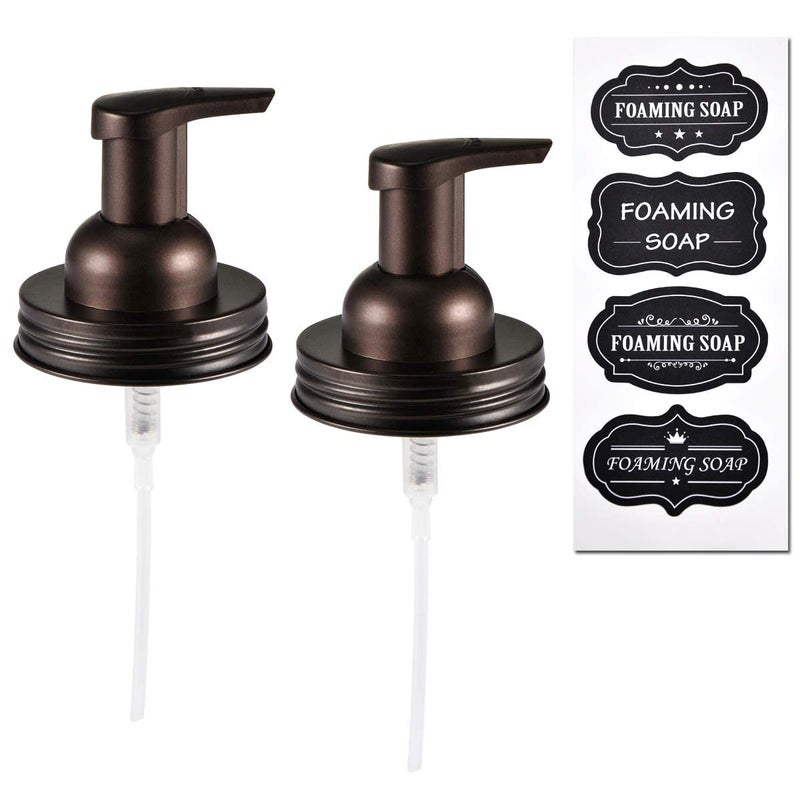 Amolliar Mason Jar Foaming Soap Dispenser Lids Plastic Pump Rustproof Stainless Steel Lid Refillable Hand Soap Kitchen Rustic Farmhouse Decor Bathroom Accessories Waterproof Labels Bronze 2 Pack