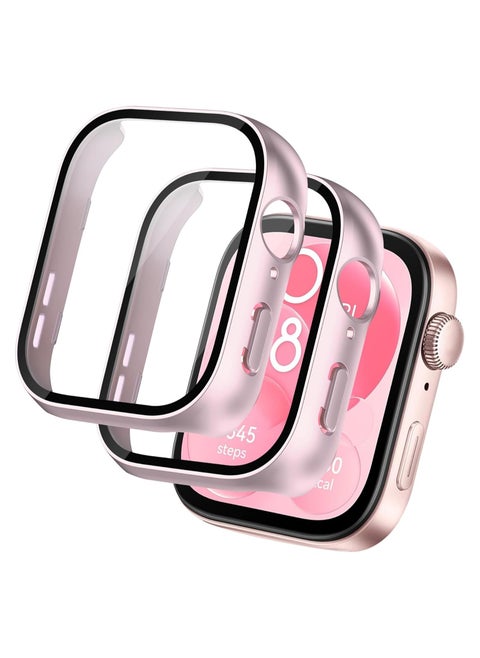 2 Pack Watch Case Compatible with Huawei Watch Fit 3, PC Hard Frame with Tempered Glass Screen Protector, Full-Coverage Scratchproof Protective Case - Pink (Matte)