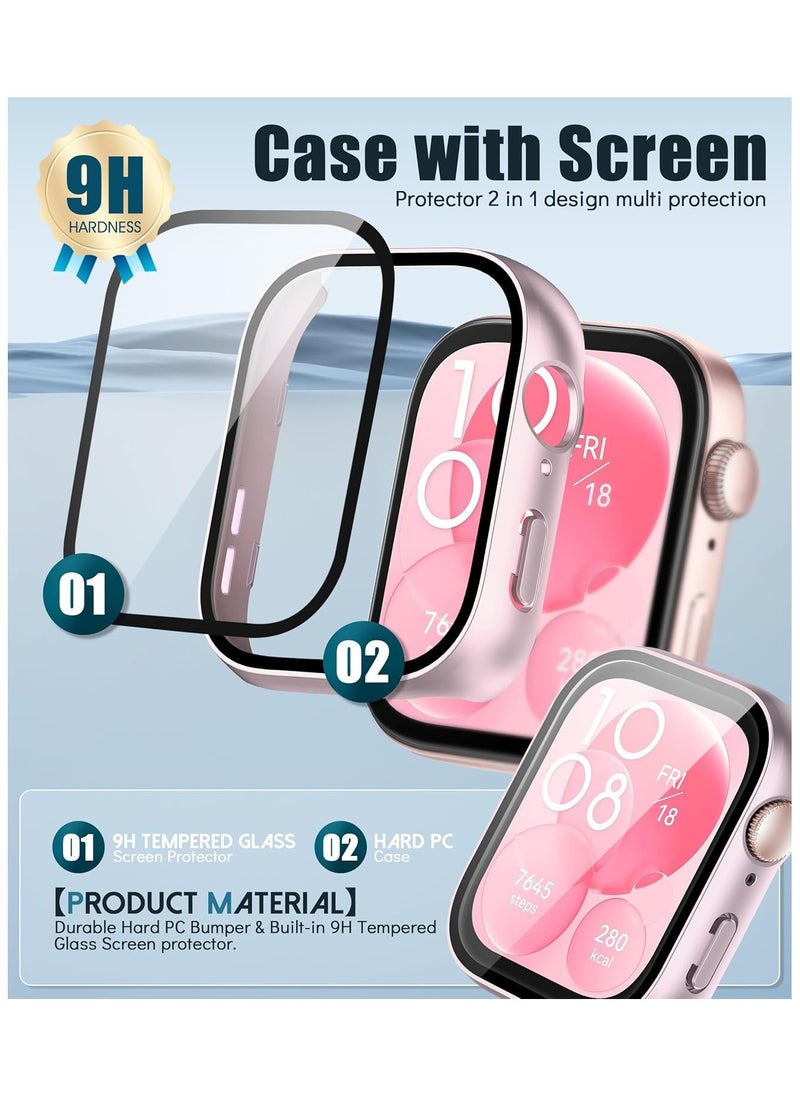 Generic - 2 Pack Watch Case Compatible with Huawei Watch Fit 3, PC Hard Frame with Tempered Glass Screen Protector, Full-Coverage Scratchproof Protective Case - Pink (Matte) - Image 1