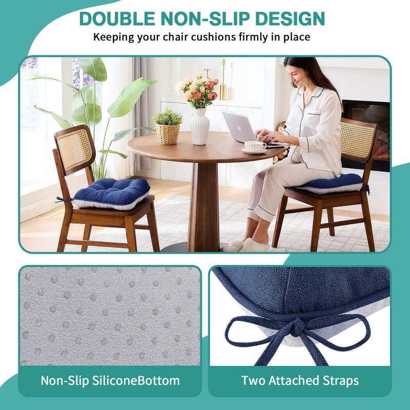 BETU Chair Cushions for Dining Chairs Set of 4,3.5" Thick Outdoor Indoor Chair Pads with Ties,Non Slip Backing and Covers, Seat Cushion for Kitchen Dining,Bar,Patio Furniture,16"X16"X3.5",Navy Blue - Image 2