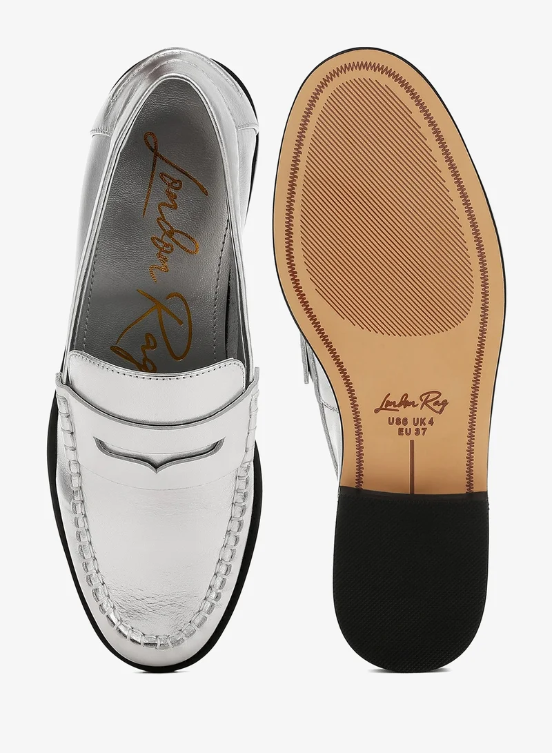 لندن راج حذاء لوفر من الجلد الطبيعي باللون الفضي