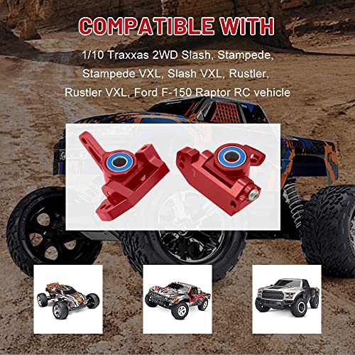 OGUNKE RC Aluminum Front Caster Block&Steering Blocks and Rear Stub Axle Carriers kit with Ball Bearings Upgrade Parts for 1/10 Traxxas 2WD Slash, Stampede, Rustler, Replace 3632 3736 3752 (Red) - Image 4