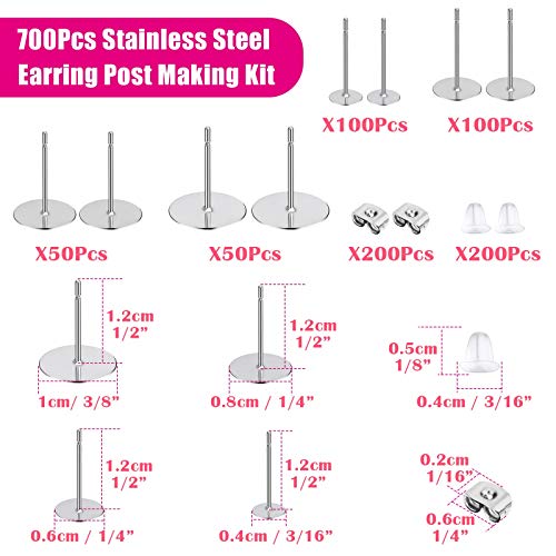 Flasoo Earring Posts and Backs, Flasoo 700Pcs Stud Earring Making Kit with 300Pcs Stainless Steel Earring Posts and 400Pcs Earring Backs, Earring Supplies Kit for DIY Earrings and Jewelry Making - Image 3