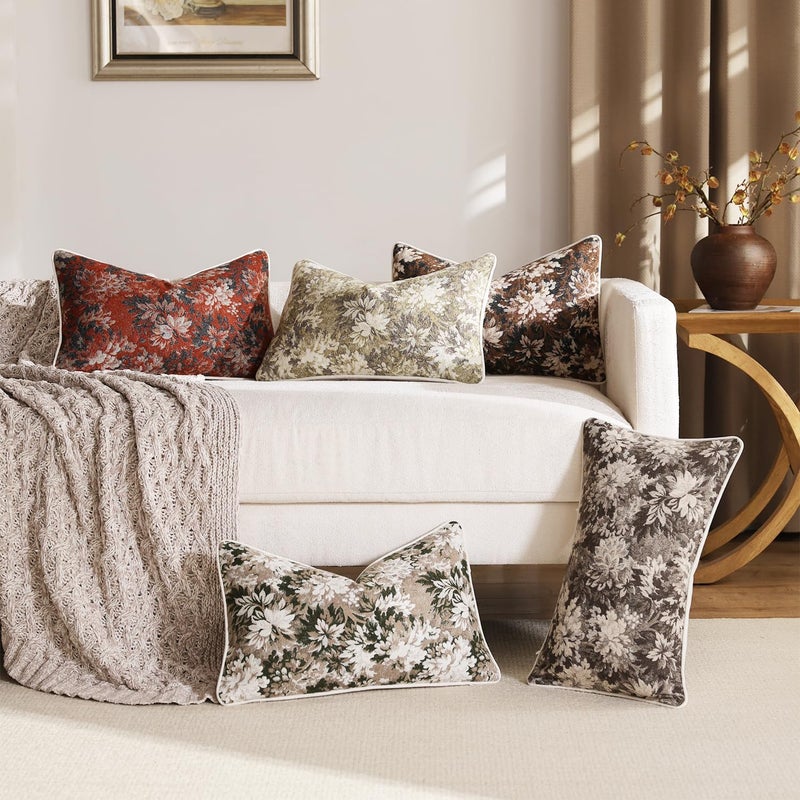 DEZENE Pack of 2 Vintage Floral Pillow Covers 12x20 Boho Farmhouse Accents Chenille Rectangular Lumbar Decorative Throw Pillow Cases for Living Room Couch Bed Home Decor, Beige - Image 5
