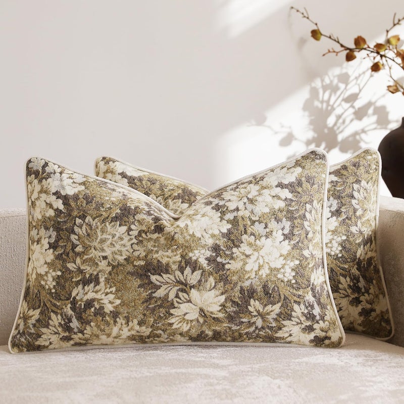 DEZENE Pack of 2 Vintage Floral Pillow Covers 12x20 Boho Farmhouse Accents Chenille Rectangular Lumbar Decorative Throw Pillow Cases for Living Room Couch Bed Home Decor, Beige - Image 1