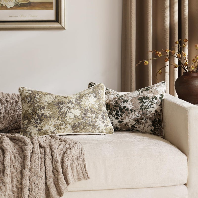 DEZENE Pack of 2 Vintage Floral Pillow Covers 12x20 Boho Farmhouse Accents Chenille Rectangular Lumbar Decorative Throw Pillow Cases for Living Room Couch Bed Home Decor, Beige - Image 4