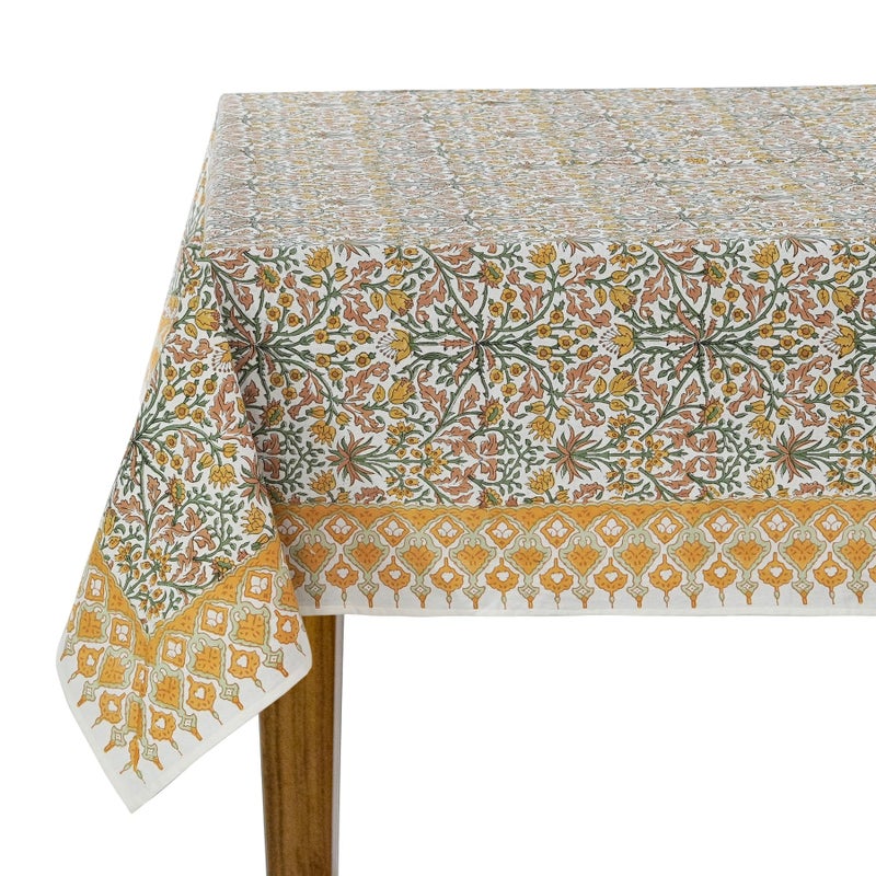 Goldenrod Yellow Fern Green and Peanut Brown Indian Hand Block Printed 100 Pure Cotton Kitchen Tablecloth Home Decor Table Cloth Dinner Party Gift for Mothers day Her Mom Home Wedding 80x120 Inches
