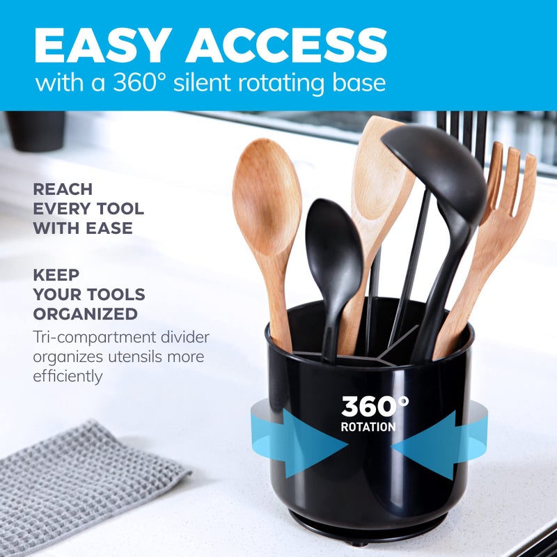 Cooler Kitchen Extra Large and Sturdy Rotating Black Utensil Holder Caddy with No-Tip Weighted Base, and Gripped Insert - Rust Proof and Dishwasher Safe Kitchen Utensils Holder and Cutlery Holder - Image 2