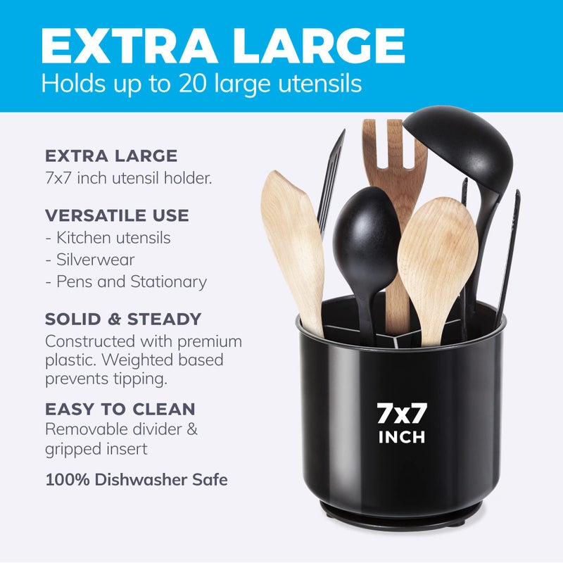 Cooler Kitchen Extra Large and Sturdy Rotating Black Utensil Holder Caddy with No-Tip Weighted Base, and Gripped Insert - Rust Proof and Dishwasher Safe Kitchen Utensils Holder and Cutlery Holder - Image 3