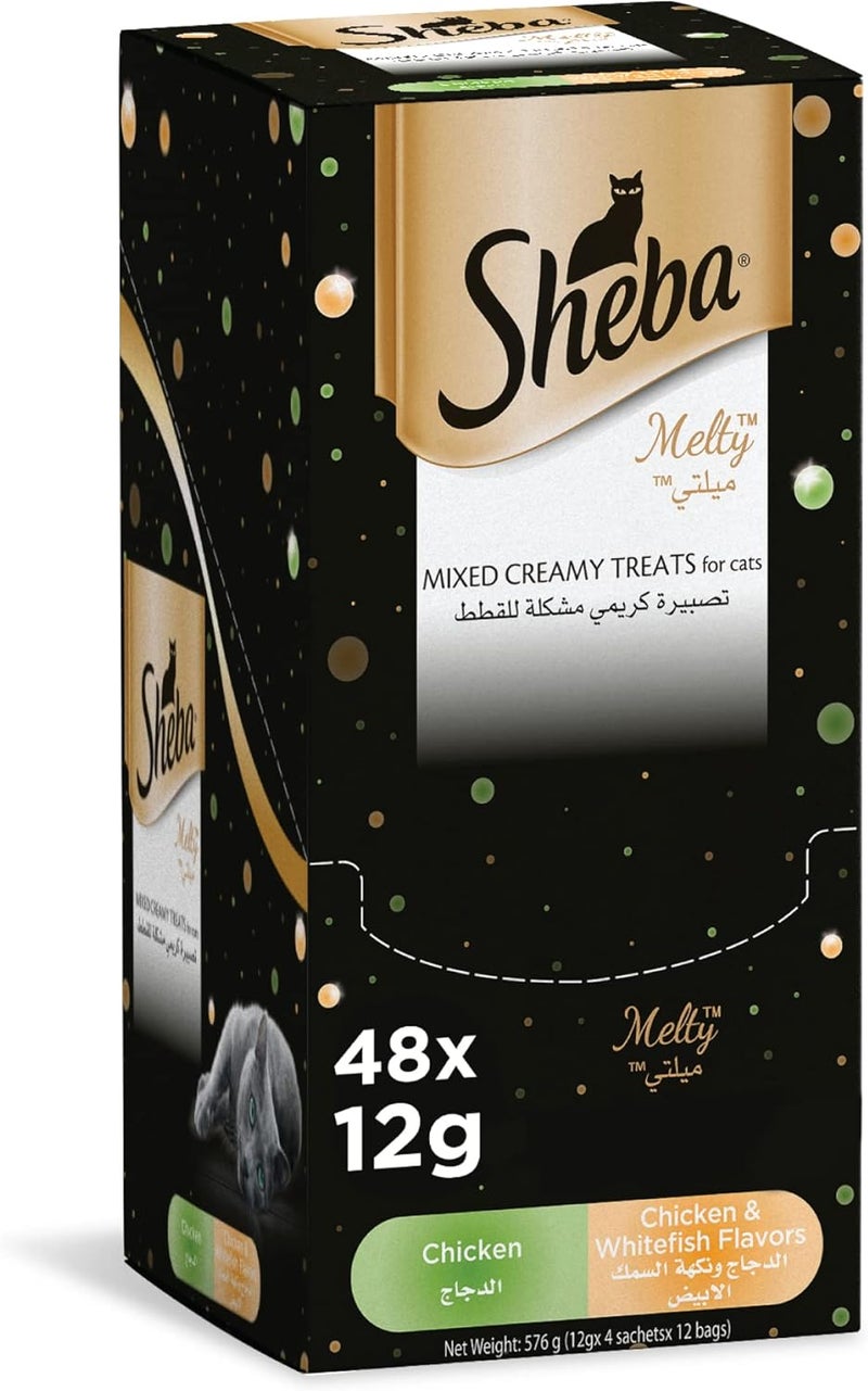 شيبا طعام القطط من شيبا (Sheba Cat Food)، حلوى كريمية مذابة، عبوتان بنكهة الدجاج، عبوتان بنكهة الدجاج والسمك الأبيض، طعام رطب فاخر يتم إطعامه يدويًا، عبوة تحتوي على 48 قطعة بوزن 12 جرام لكل قطعة. - Image 1
