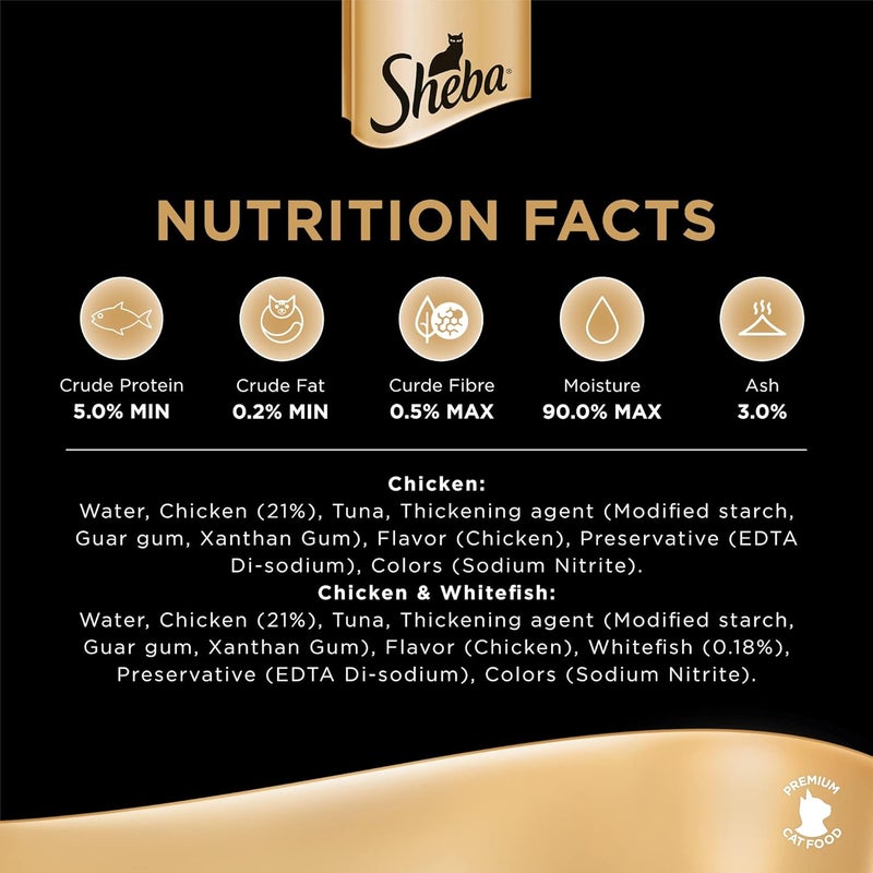 شيبا طعام القطط من شيبا (Sheba Cat Food)، حلوى كريمية مذابة، عبوتان بنكهة الدجاج، عبوتان بنكهة الدجاج والسمك الأبيض، طعام رطب فاخر يتم إطعامه يدويًا، عبوة تحتوي على 48 قطعة بوزن 12 جرام لكل قطعة. - Image 4