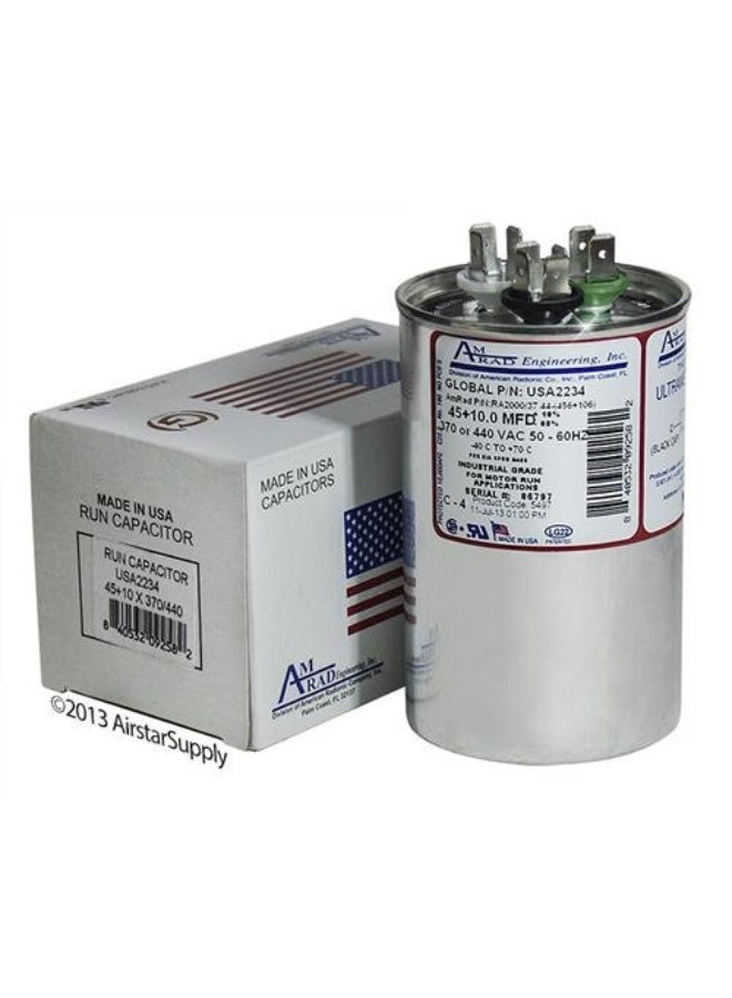 AMRAD American Standard Replacement - 45 + 10 uf/Mfd 370/440 VAC AmRad Round Dual Universal CapacitorReplacement Made in The U.S.A. - Image 1