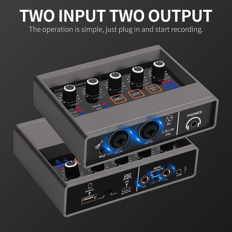 DIGIMORE واجهة صوتية ثنائية القناة لاستوديو التسجيل | بطاقة صوت مع 48KHz/16Bit USB-C، مدخل مراقبة مدمج، تأثير DSP، طاقة فانتوم 48V للاستخدام في الغناء، البث، البودكاست (D-920) - Image 3