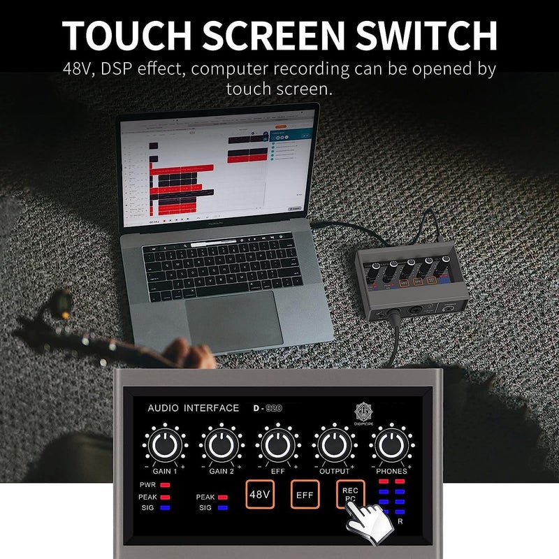 DIGIMORE واجهة صوتية ثنائية القناة لاستوديو التسجيل | بطاقة صوت مع 48KHz/16Bit USB-C، مدخل مراقبة مدمج، تأثير DSP، طاقة فانتوم 48V للاستخدام في الغناء، البث، البودكاست (D-920) - Image 2