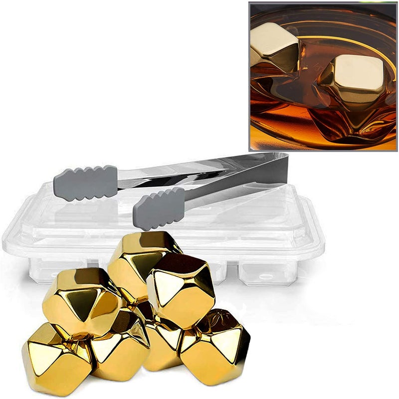 KEISSCO Stainless Steel Chilling Cubes Reusable Ice Cube Whiskey Stones for Drinks Beverage Jumbo Chilling Stones Set with Ice Tongs and Freezer Storage Tray for Whiskey, Gold Color Edition (8 Pack) - Image 1