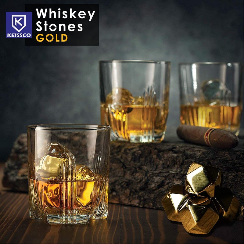KEISSCO Stainless Steel Chilling Cubes Reusable Ice Cube Whiskey Stones for Drinks Beverage Jumbo Chilling Stones Set with Ice Tongs and Freezer Storage Tray for Whiskey, Gold Color Edition (8 Pack) - Image 2