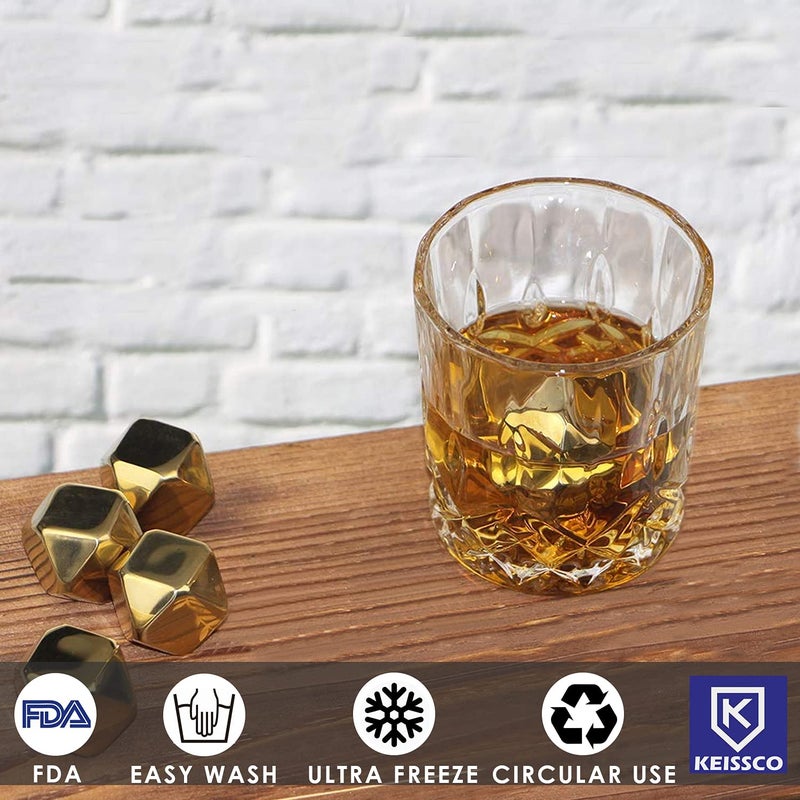 KEISSCO Stainless Steel Chilling Cubes Reusable Ice Cube Whiskey Stones for Drinks Beverage Jumbo Chilling Stones Set with Ice Tongs and Freezer Storage Tray for Whiskey, Gold Color Edition (8 Pack) - Image 3