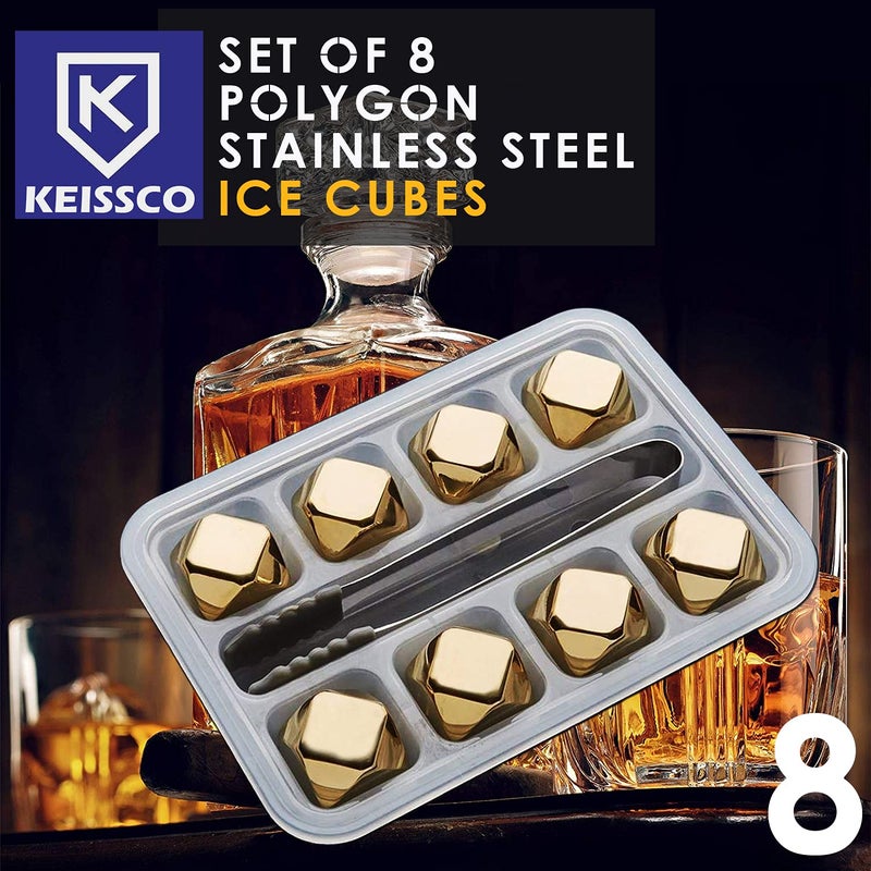 KEISSCO Stainless Steel Chilling Cubes Reusable Ice Cube Whiskey Stones for Drinks Beverage Jumbo Chilling Stones Set with Ice Tongs and Freezer Storage Tray for Whiskey, Gold Color Edition (8 Pack) - Image 4