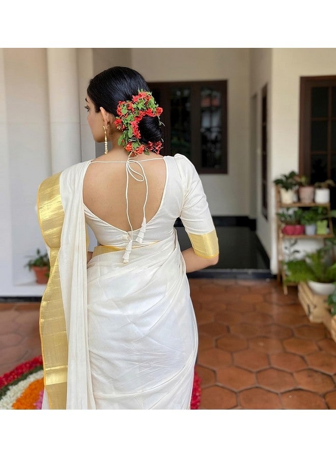 Women's Cotton Chanderi Saree With Cotton Blend Unstitched Blouse Piece (B-Golden White_White_Free Size)  - Image 4