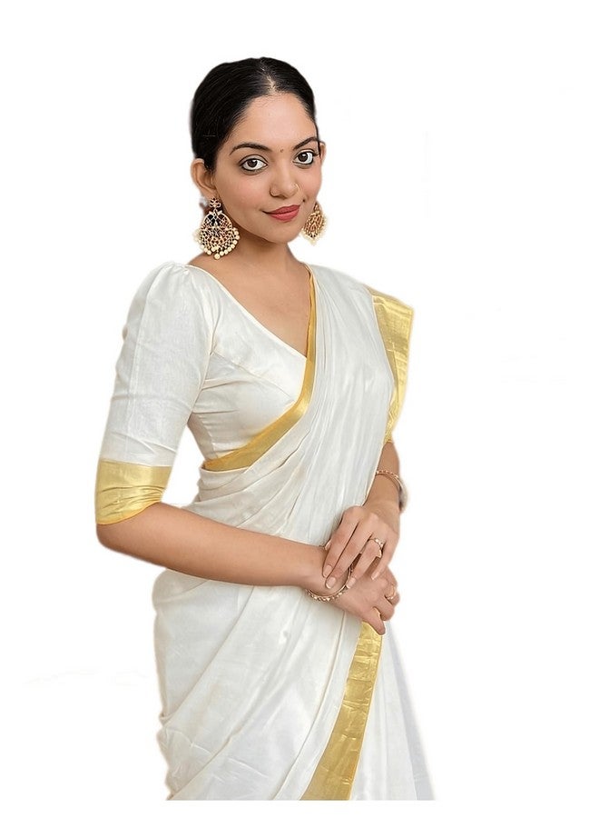 Women's Cotton Chanderi Saree With Cotton Blend Unstitched Blouse Piece (B-Golden White_White_Free Size)  - Image 1