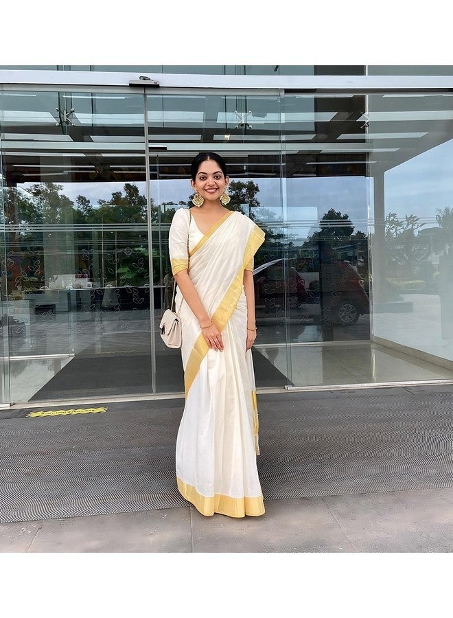 Women's Cotton Chanderi Saree With Cotton Blend Unstitched Blouse Piece (B-Golden White_White_Free Size)  - Image 2