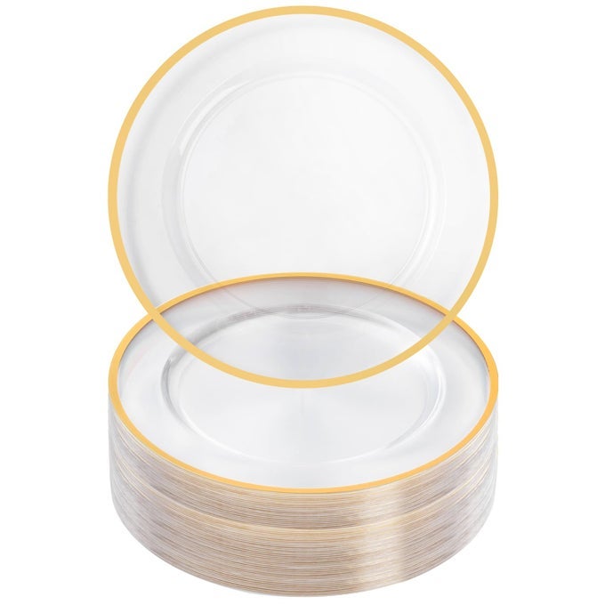 12 INCH CHARGER PLATES 50 PACK CLEAR CHARGER PLATES WITH GOLD TRIM PLASTIC CHARGER PLATE BULK FOR DINNER WEDDING PARTY EVENT DECORATION CLEARGOLD