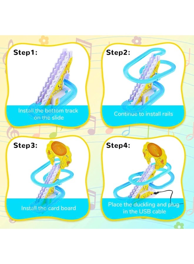 قبو سحري 3 Slide Toy, Funny Automatic Stair-Climbing Ducklings Cartoon Race Track Set Little Lovely Slide Escalator with Lights and Music_3 Duck Included - Image 2