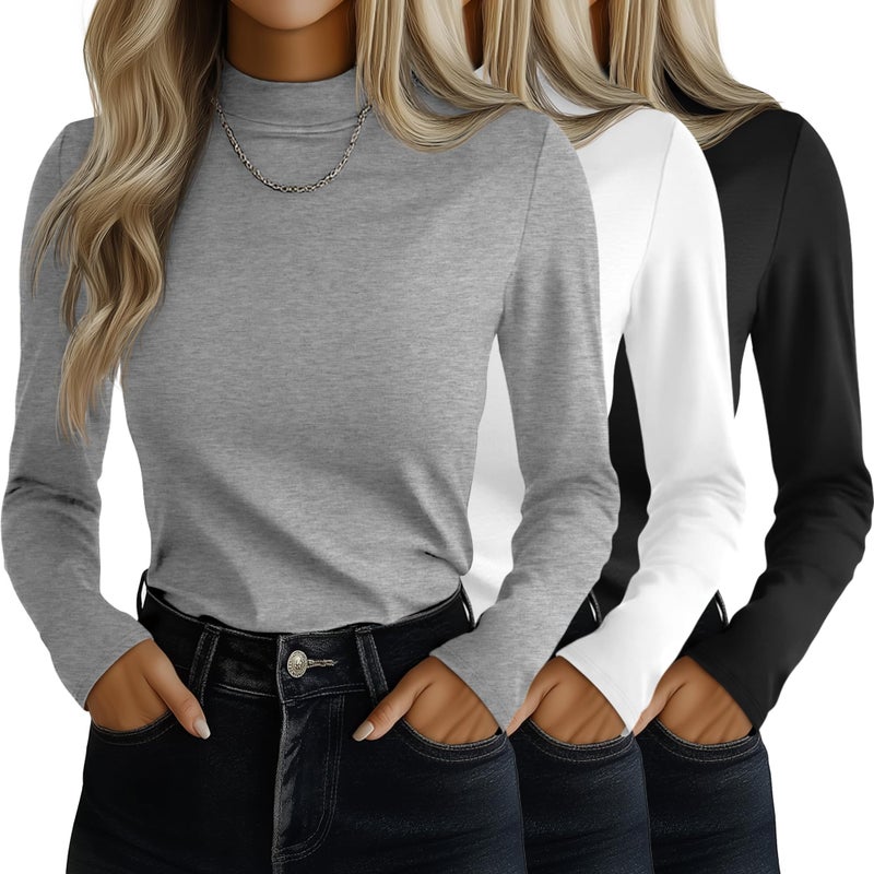 Ficerd 3 Pack Womens Mock Turtleneck Shirts Long Sleeve Mock Neck Pullover Tops Slim Fitted Stretch Undershirt Tee BlouseBlack White Light GraySmall - Image 2