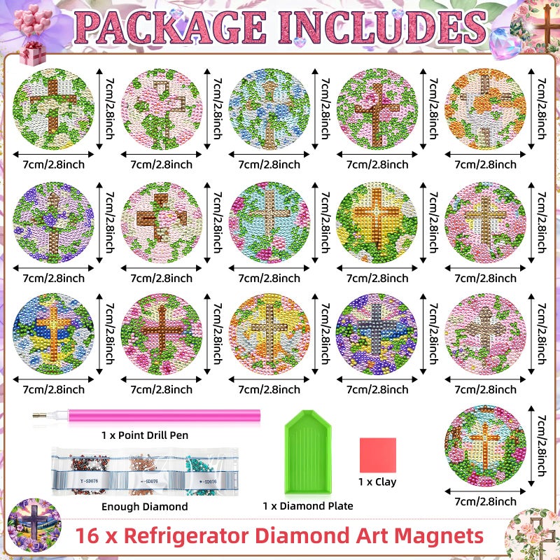 Saysurey 16 Pcs Diamond Art Magnet Kits Diamond Painting Magnets DIY for Adults Crafts Refrigerator Painting Stickers Kits for Gifts Home Decor(Cross) - Image 2