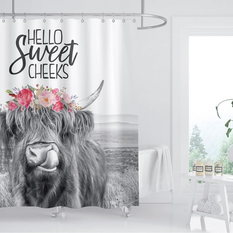 ZXMBF Farmhouse Highland Cow Shower Curtain Wildlife Bull Cattle Western Farm Grassland Vintage Rustic Animal Country Home Bathroom Decor Waterproof Fabric 72Lx72W Inch with Plastic 12PCS Hooks - Image 1