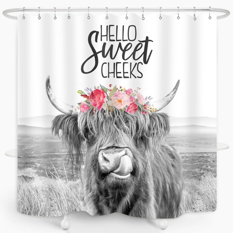 ZXMBF Farmhouse Highland Cow Shower Curtain Wildlife Bull Cattle Western Farm Grassland Vintage Rustic Animal Country Home Bathroom Decor Waterproof Fabric 72Lx72W Inch with Plastic 12PCS Hooks - Image 2