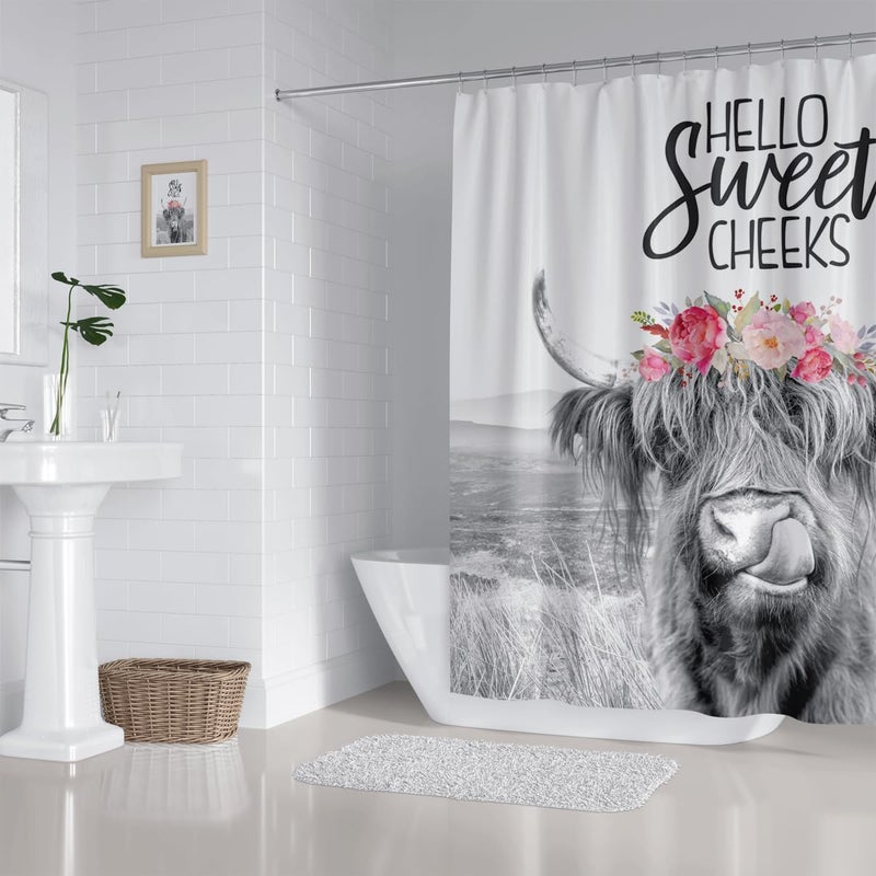 ZXMBF Farmhouse Highland Cow Shower Curtain Wildlife Bull Cattle Western Farm Grassland Vintage Rustic Animal Country Home Bathroom Decor Waterproof Fabric 72Lx72W Inch with Plastic 12PCS Hooks - Image 4