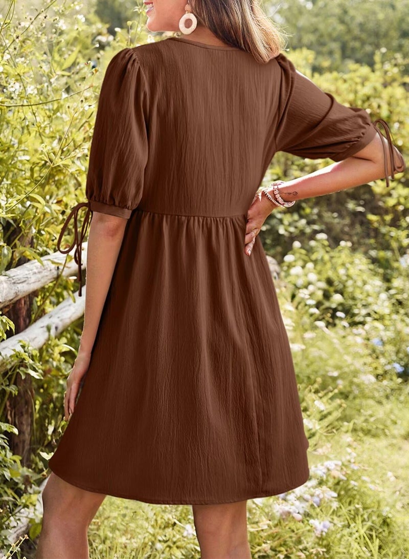 Dokotoo Chocolate Brown Summer Clothes Women's Summer Short Sleeve Tie Front Empire Waist A-Line Babydoll Loose Cute Mini Dress Coffee Large - Image 2