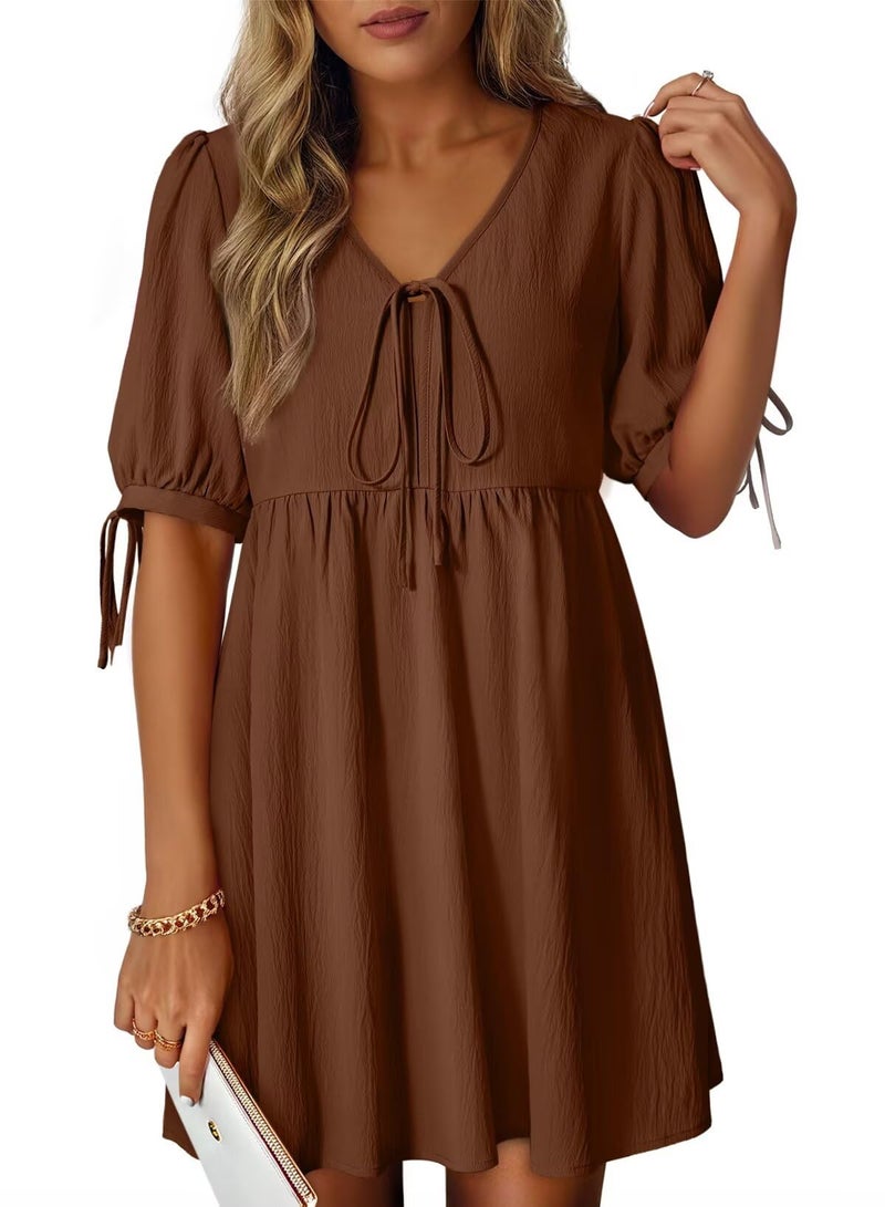 Dokotoo Chocolate Brown Summer Clothes Women's Summer Short Sleeve Tie Front Empire Waist A-Line Babydoll Loose Cute Mini Dress Coffee Large - Image 1