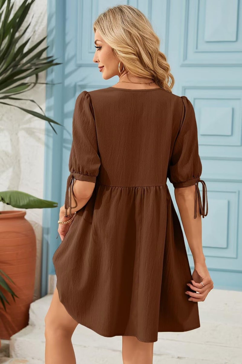 Dokotoo Chocolate Brown Summer Clothes Women's Summer Short Sleeve Tie Front Empire Waist A-Line Babydoll Loose Cute Mini Dress Coffee Large - Image 4