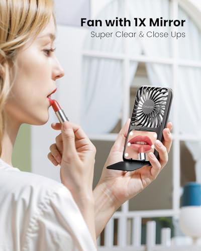 Gaiatop Portable Handheld Fan, 3 Speed LED Makeup Mirror with Light, Folding Stand for Desktop, Rechargeable Mini Personal Fans Small Travel Essentials Gifts for Women Girls - Image 5