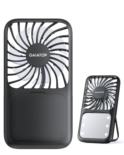 Gaiatop Portable Handheld Fan, 3 Speed LED Makeup Mirror with Light, Folding Stand for Desktop, Rechargeable Mini Personal Fans Small Travel Essentials Gifts for Women Girls - Image 1