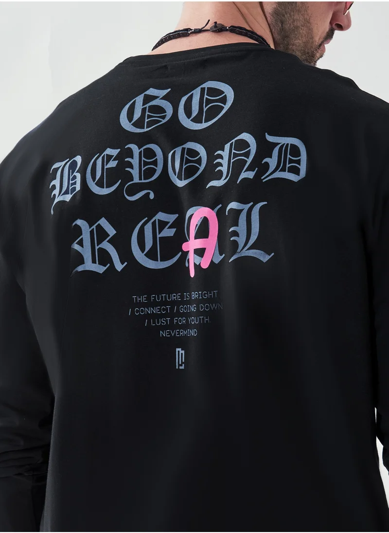 مانياك Maniac Men Printed Round Neck Full Sleeve Black Cotton Slim Fit T-Shirt