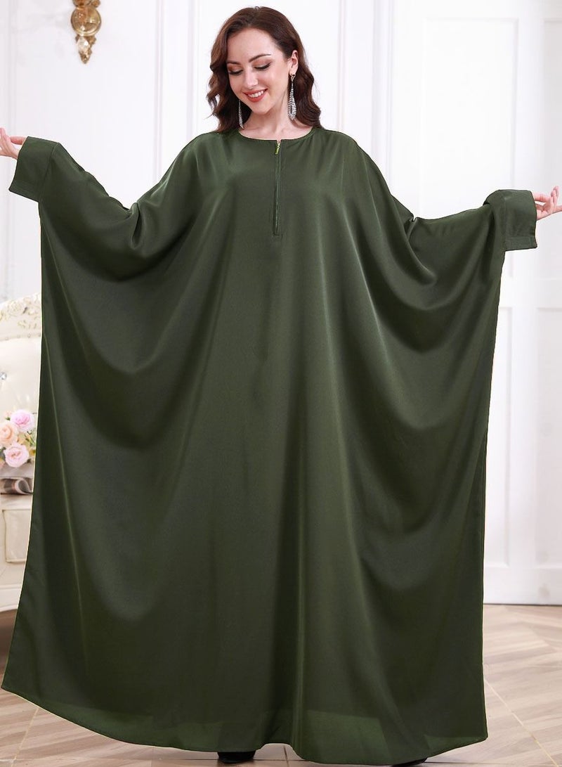 إسكدنيا Women's Casual Solid Color Long Sleeves Abaya Full Length Batwing Sleeves Dress Liturgical Clothes Muslim Army Green 