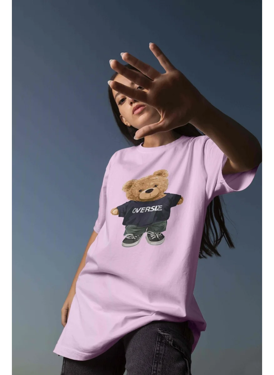 DogFish Teddy Printed Women's Oversize Pink T-Shirt