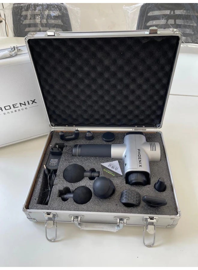 فينيكس مسدس تدليك احترافي مزود بـ 9 رؤوس قابلة للتبديل - جهاز تدليك عميق للأنسجة لاستعادة العضلات وتسكين الألم والاسترخاء - تصميم خفيف الوزن مع حقيبة حمل معدنية فاخرة - Image 1