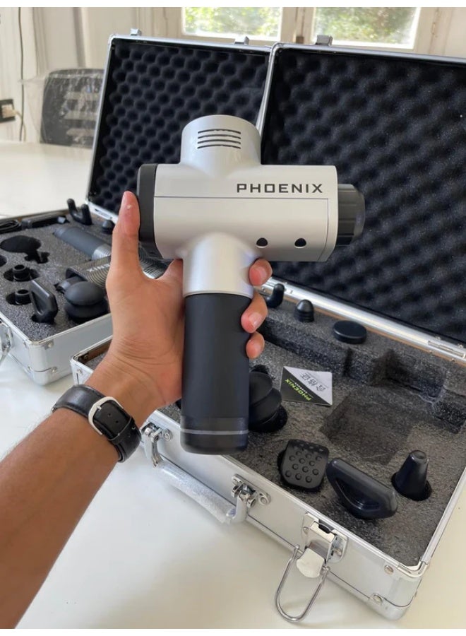 فينيكس مسدس تدليك احترافي مزود بـ 9 رؤوس قابلة للتبديل - جهاز تدليك عميق للأنسجة لاستعادة العضلات وتسكين الألم والاسترخاء - تصميم خفيف الوزن مع حقيبة حمل معدنية فاخرة - Image 4