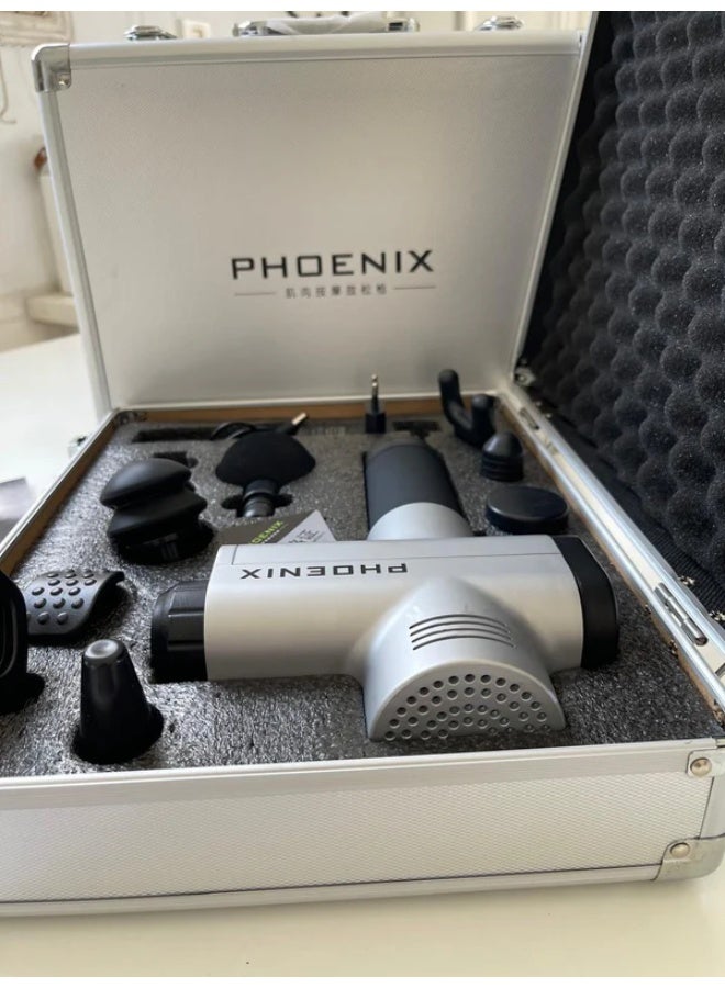 فينيكس مسدس تدليك احترافي مزود بـ 9 رؤوس قابلة للتبديل - جهاز تدليك عميق للأنسجة لاستعادة العضلات وتسكين الألم والاسترخاء - تصميم خفيف الوزن مع حقيبة حمل معدنية فاخرة - Image 3