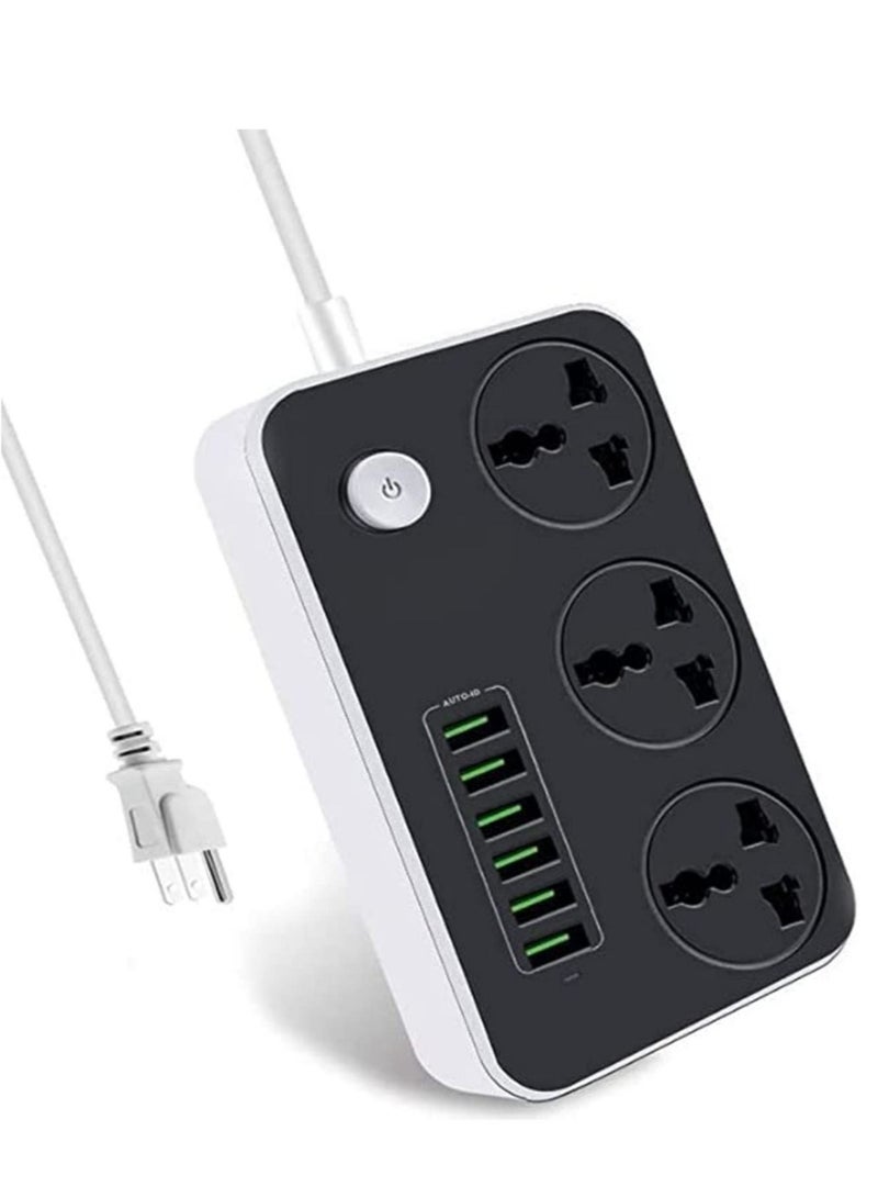 Power Strip with USB Ports Long Cord Universal Socket 3 Outlets Surge Protector 6 Quick USB (4A) Charging Station 3M Power Cord 2500W Circuit Breaker Child Safe Door (Black & Grey)  - Image 1