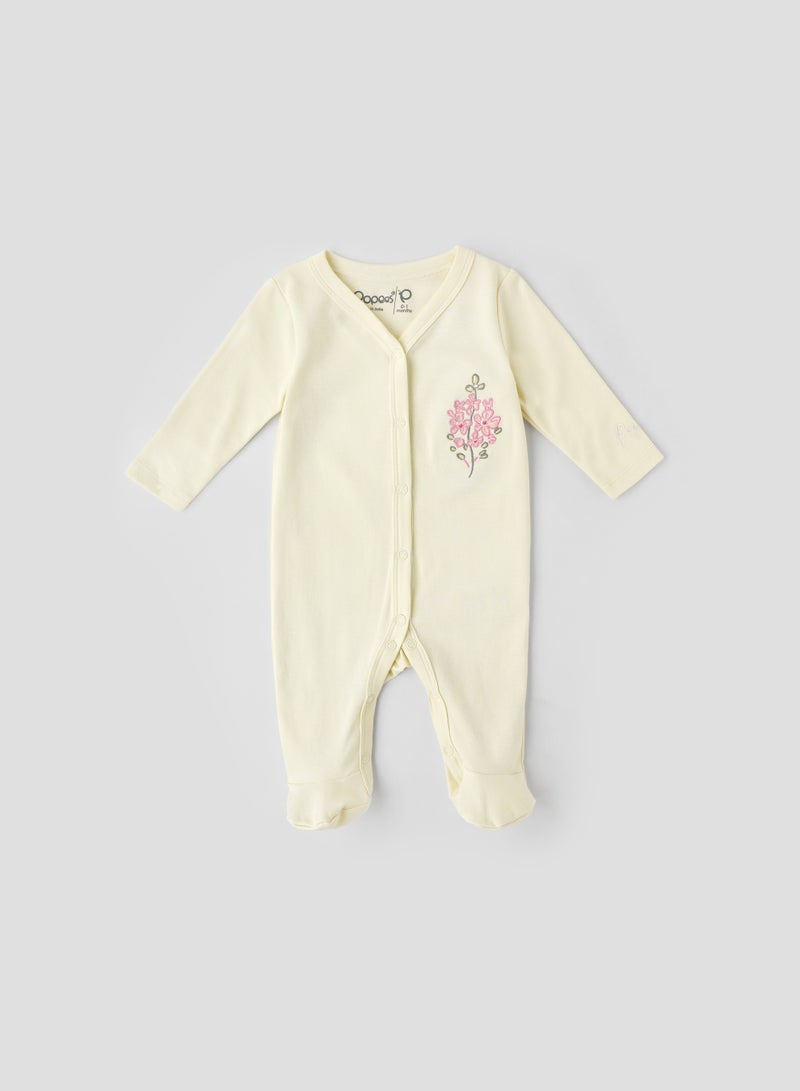 POPEES Full Sleeve Cotton Sleep Suit for Baby Girls – Soft Footed Romper | Newborn Nightwear Onesie with Snap Buttons - Image 1