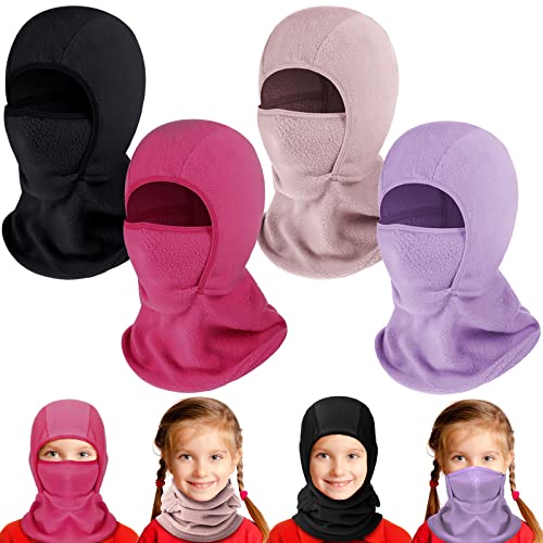 Funtery 4 Pcs Winter Kids Balaclava Face Mask for Boy Girl Warm Windproof Fleece Face Mask for Skiing Cycling Gear(Black, Purple, Rose, Pink) - Image 1
